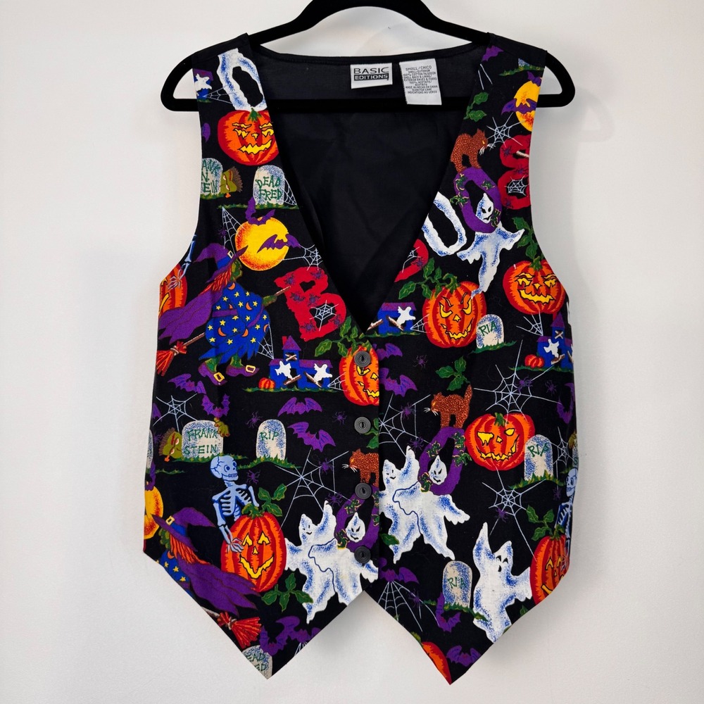 Basic Editions Halloween Vest Women Small Black Pumpkin Ghost Witch Novelty Top